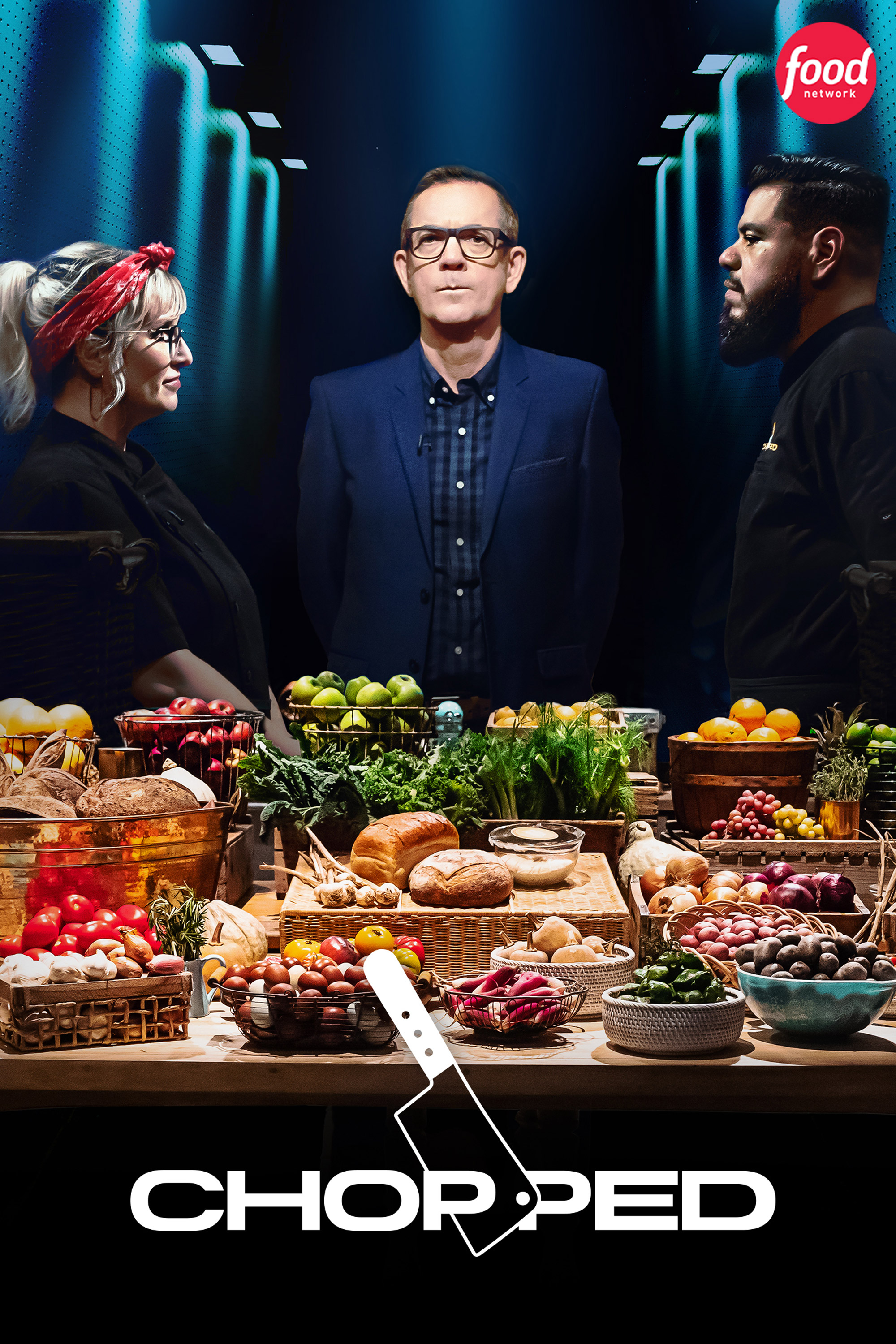 Chopped: Food Network show poster with Ted Allen standing at a table of ingredients flanked by two chefs in profile.