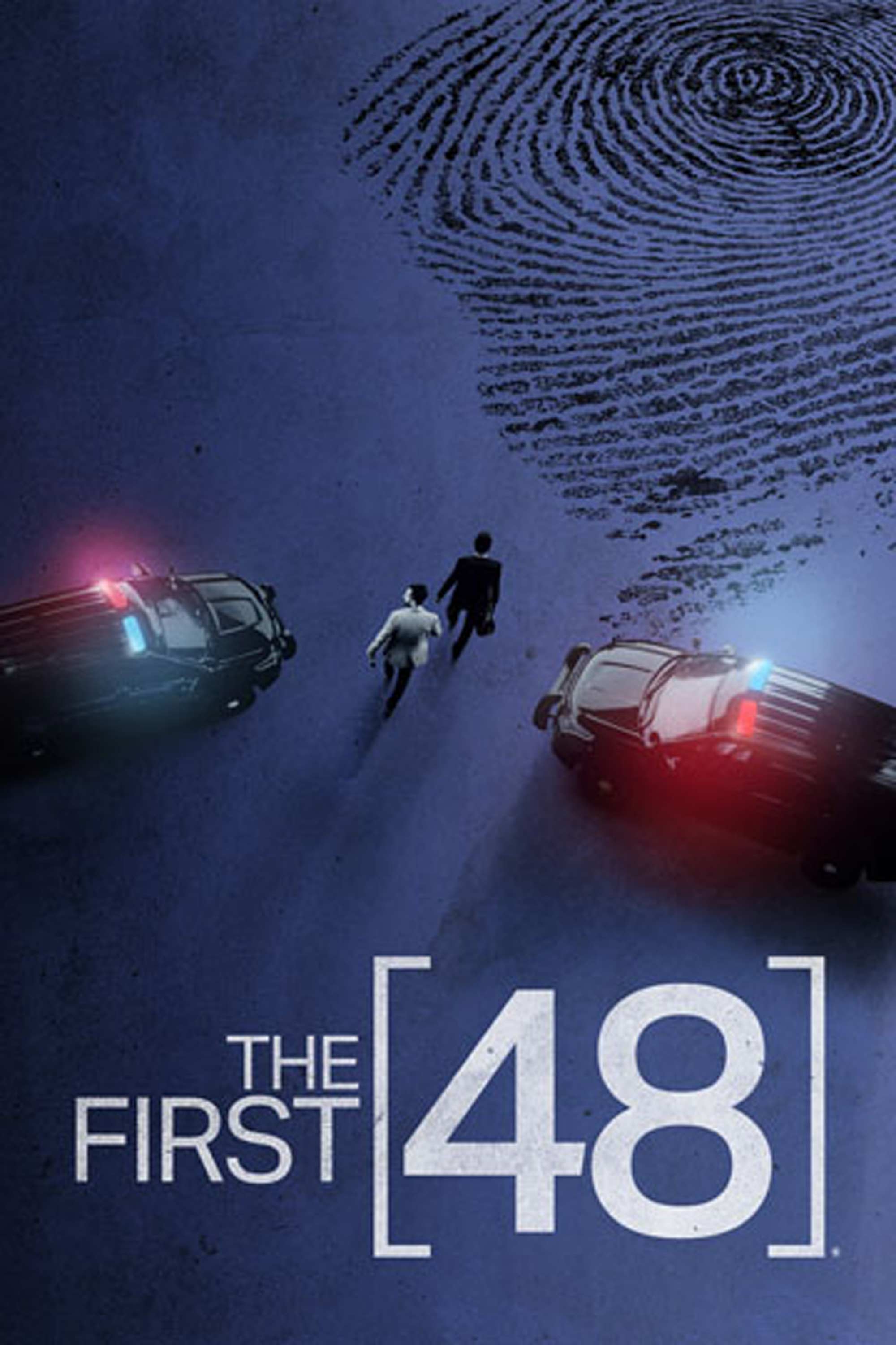 The First 48: two detectives walking between police cars with flashing lights under a large fingerprint graphic.