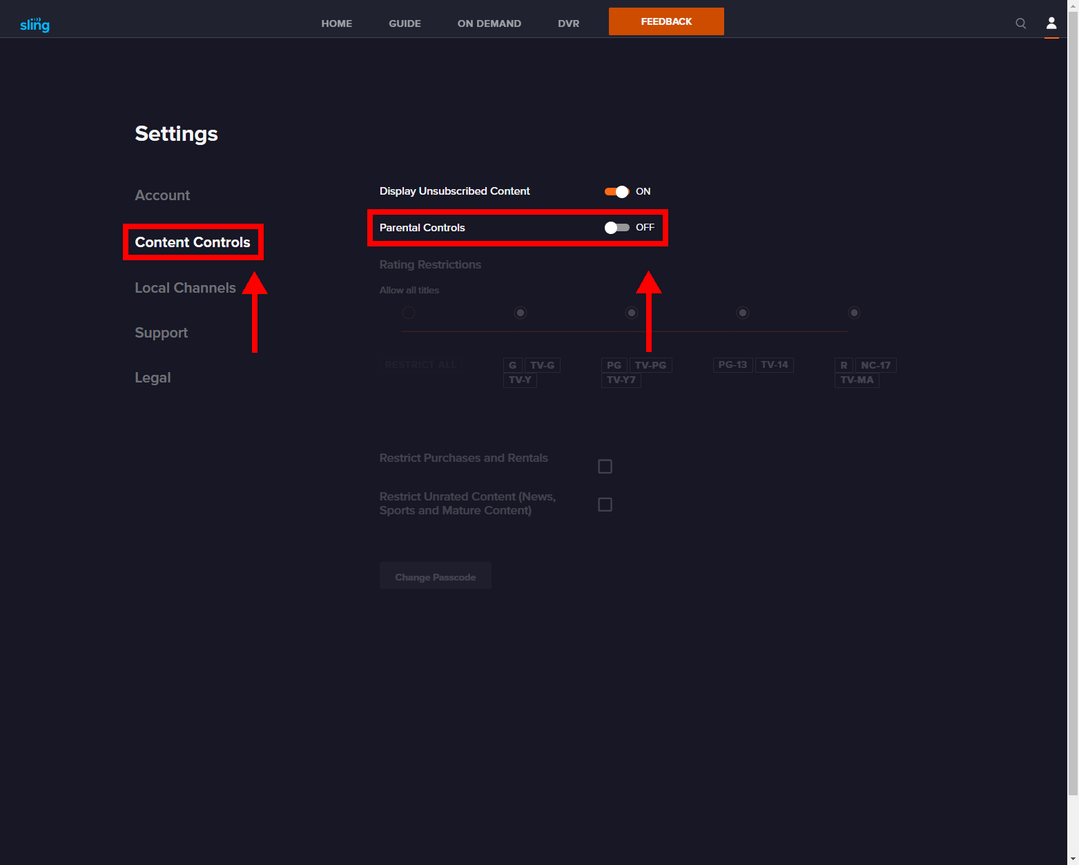 STEP 2  -  Select 'Content Controls' from the 'Settings' menu, then select the On-Off toggle switch next to the 'Parental Controls' menu to activate or deactivate settings