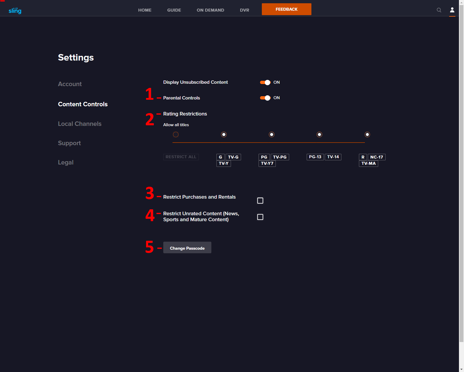 Parental Controls menu ability to modify five control settings.
