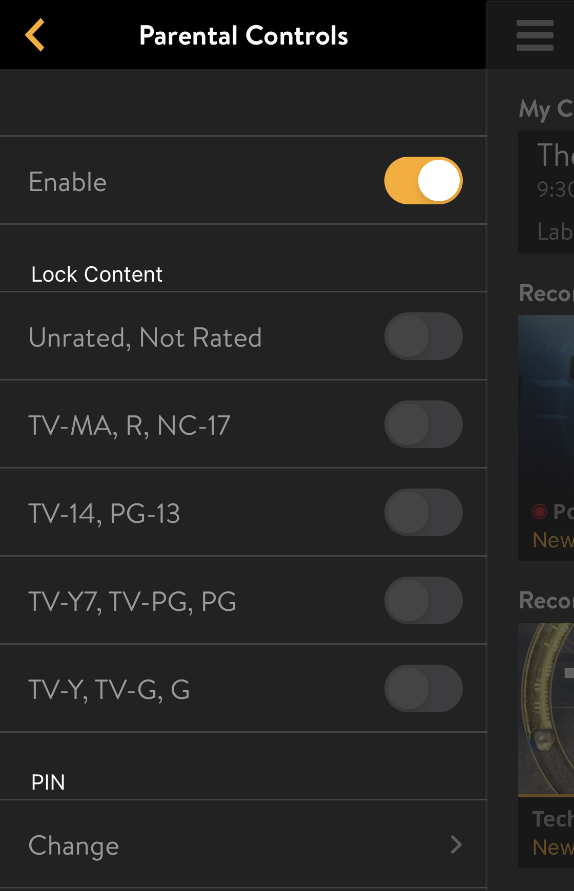 Parental Controls menu on mobile device setting options