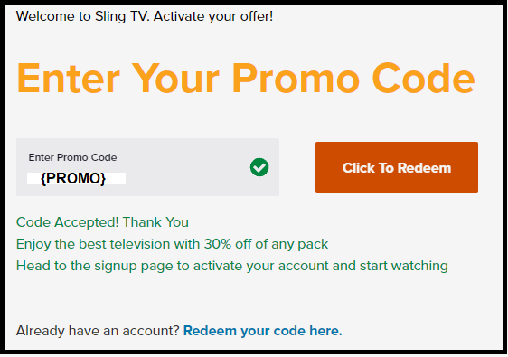 promo home page with accepted code highlighted
