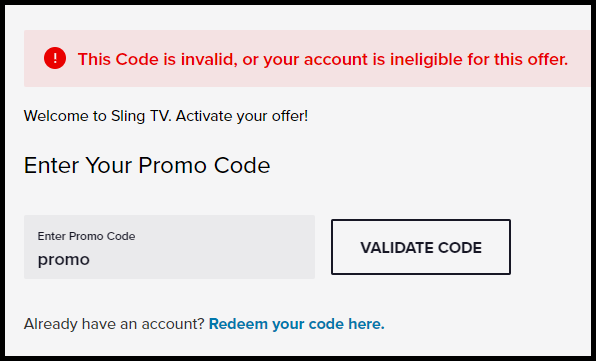 promo home page with invalid code