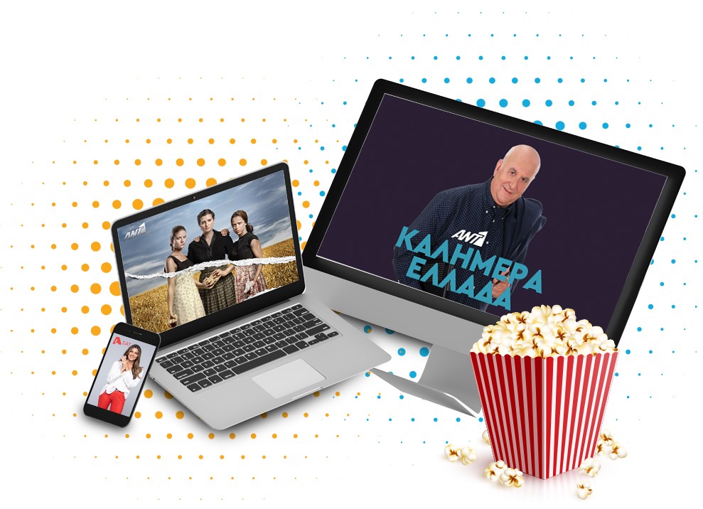 Greek entertainment on TV, laptop and smartphone with popcorn