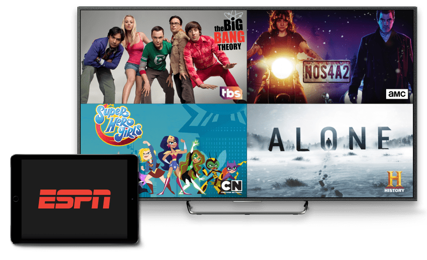 TV and tablet with content like The Big Bang Theory on TBS, NOS4A2 on AMC, Super Hero Girls on Cartoon Network, Alone on History Channel, and ESPN