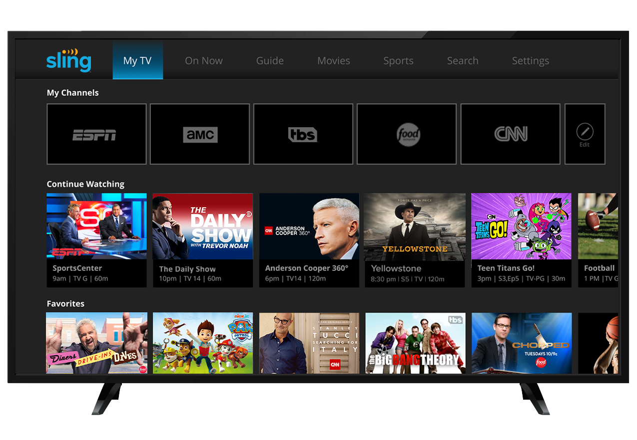 Samsung smart TV screen with Sling guide displayed