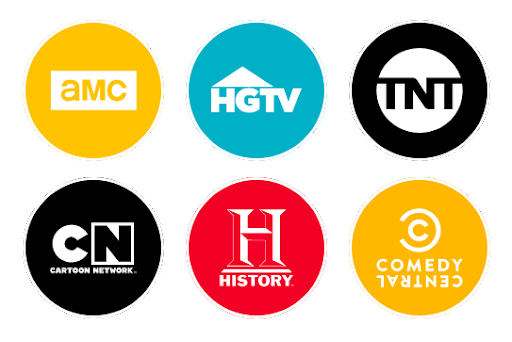 Channel logos: AMC, HGTV, TNT, Cartoon Network, History, Comedy Central