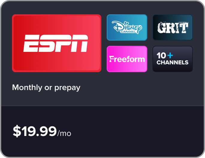 Bundle and save on 15+ channels, monthly or prepay, $34.99/mo with Sling Essentials + Select.