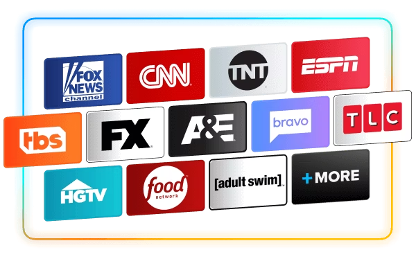 TV channels including Fox News, CNN, TNT, ESPN, TBS, FX, A&E, Bravo, TLC, HGTV, Food, Adult Swim, and more