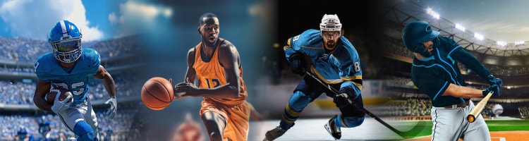 From left to right: a soccer player, a hockey goalie, a football player, a basketball player, and a baseball player all in action in their respective sports.