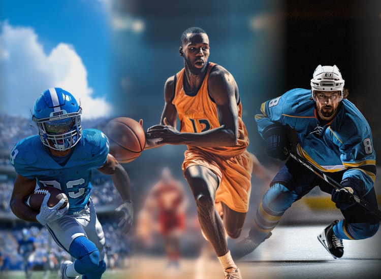 From left to right: a soccer player, a football player, and a basketball player in action in their respective sports.