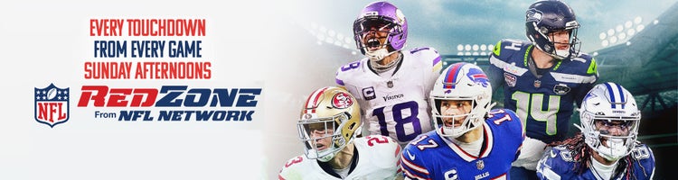 Key art for NFL RedZone featuring a collage of players, including Christian McCaffrey, Justin Jefferson, Josh Allen, Sam Darnold, and CD Lamb.