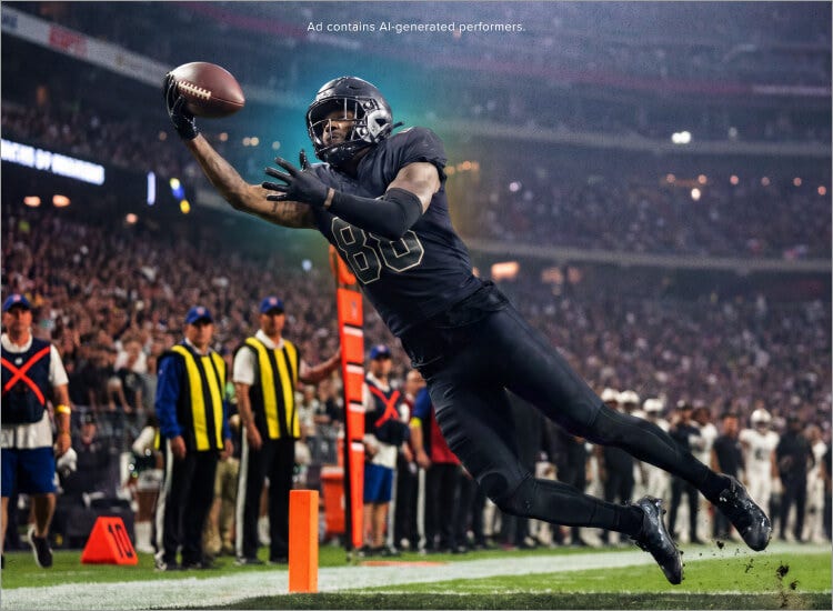 An AI image of a football player catching the ball to promote NFL football on Sling TV.