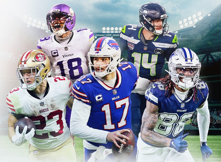 Key art for NFL RedZone featuring a collage of players, including Christian McCaffrey, Justin Jefferson, Josh Allen, Sam Darnold, and CD Lamb.