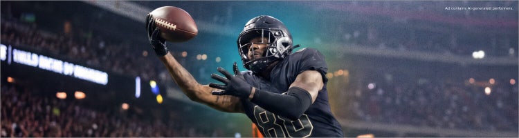An AI image of a football player catching the ball to promote NFL football on Sling TV.